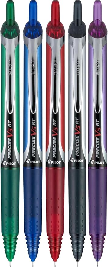 Precise V5 RT Retractable Rolling Ball Pens, Extra Fine Point (.5mm), Assorted Colors Black/Blue/Red/Green/Purple Ink, 5-pk; Premium Comfort Grip, Bundle with Plastic Reusable Pouch
