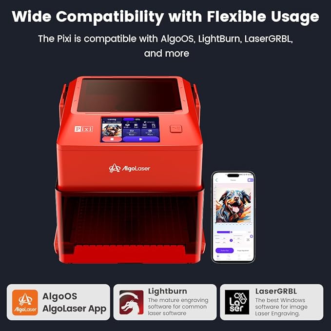 AlgoLaser 5W Laser Engraver Machine: Portable & Smart with 3.5" Touch Screen, Hand Drawing/Wireless/SD Card/Offline Engraving, AlgoOS 2.0 Self Developed System for Wood, Acrylic, Leather