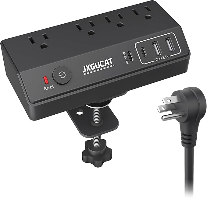 Desk Clamp Power Strip with PD 20W USB C, JXGUCAT Removable Fast Charging Desktop Edge Power Strip Surge Protector, 10 ft Extension Cord Flat Plug with 4 Outlet 4 USB Ports, Fit 1.8" Tabletop Edge