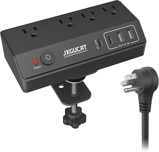 Desk Clamp Power Strip with PD 20W USB C, JXGUCAT Removable Fast Charging Desktop Edge Power Strip Surge Protector, 10 ft Extension Cord Flat Plug with 4 Outlet 4 USB Ports, Fit 1.8" Tabletop Edge