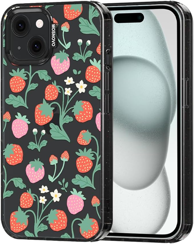 MOSNOVO Case for iPhone 15, [10ft 4X Military-Grade Drop Protection] Durable & Shockproof Phone Case Cover Design for iPhone 15 - Strawberry Garden - Clear Black