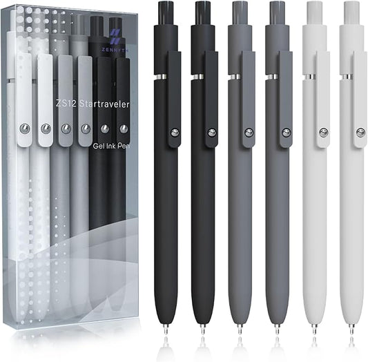 Gel Pens, 6 Pcs 0.5mm Fine Point Black Ink Pen With Smooth Writing, Office Desk Accessories, School Supplies Gifts for Men Women, Quick Dry Pens For Journaling, Black/Gray/White