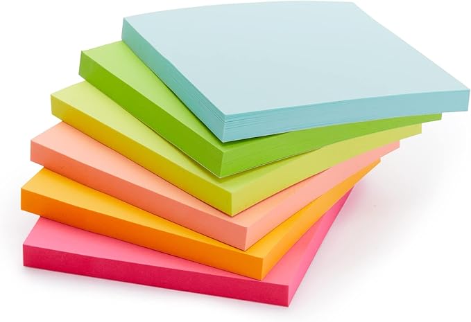 Amazon Basics Sticky Notes, 3x3 Inches, Assorted Colors Self-Stick Pads, Easy to Post for Home, Office, Notebook, 70 sheets/Pad, Pack of 12
