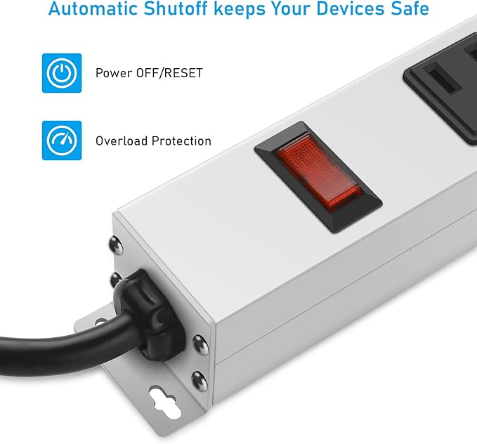 JUNNUJ Metal 16 Outlet Power Strip, Mountable Heavy Duty Power Strip, 1200J Surge Protector Wall Mount Screws Outlet with Switch, Gaming Desk Strips Wide Spaced 15A 125V 1875W, 6 FT 14AWG Power Cord