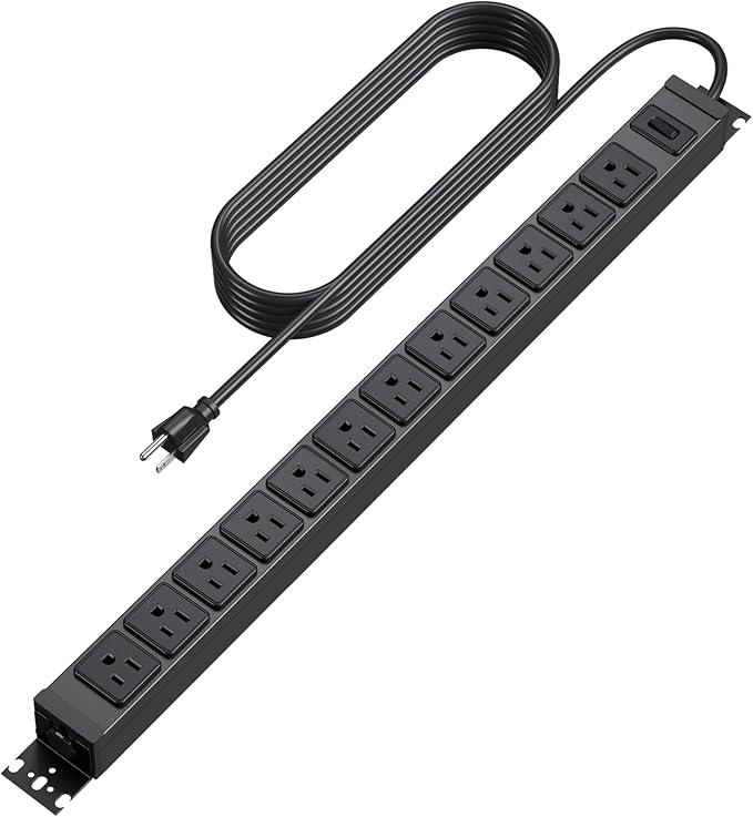 HHSOET 360° Rotating 12 Outlet Mountable Power Strip, Metal Gaming Table Mounted Outlet Strip, Heavy Duty Wall Mount Surge Protector with Switch, Works Great and Very Versatile, 6ft Power Cord.Black