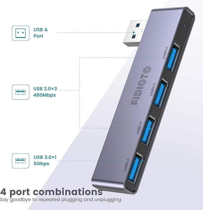 USB Hub(1 Right and 1 Left), Fidioto 4-Port USB Hub(1 * 3.0 Port, 3 * 2.0 Port) USB Splitter USB Expander for Laptop, Xbox, Flash Drive, HDD, Console, Printer, Camera,Keyborad, Mouse