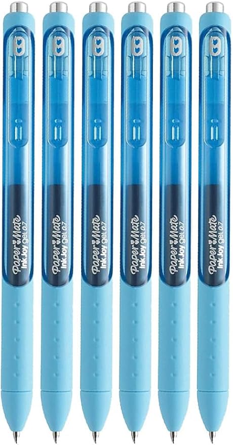 Paper Mate InkJoy Gel Pens, Bright Blue, Medium Point (0.7mm), 6 Count, Bundle with Plastic Reusable Pouch