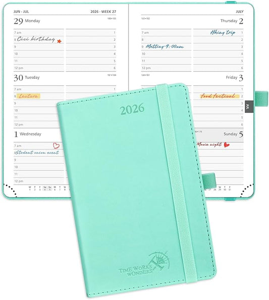 POPRUN Pocket Calendar 2026 (Small Size- 4'' x 6.25") Weekly and Monthly for Purse - Planner 2026 (Jan. 2026 - Dec. 2026) with Vegan Leather Soft Cover, Plastic Ruler, Pen Holder and More - Green