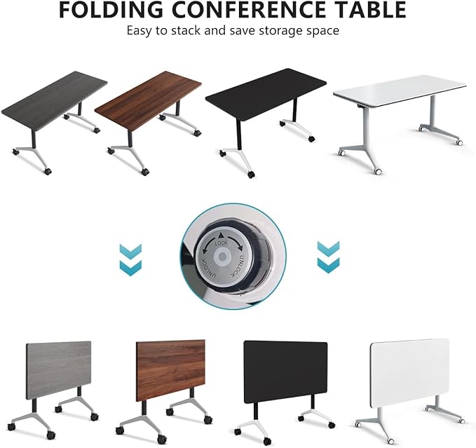 Conference Room Table, Folding Conference Tables,Thicken Grey Tabletop,Flip Top Wooden Seminar Meeting Room Table for Conference Room Offices (8, Black+White, 61.0“)
