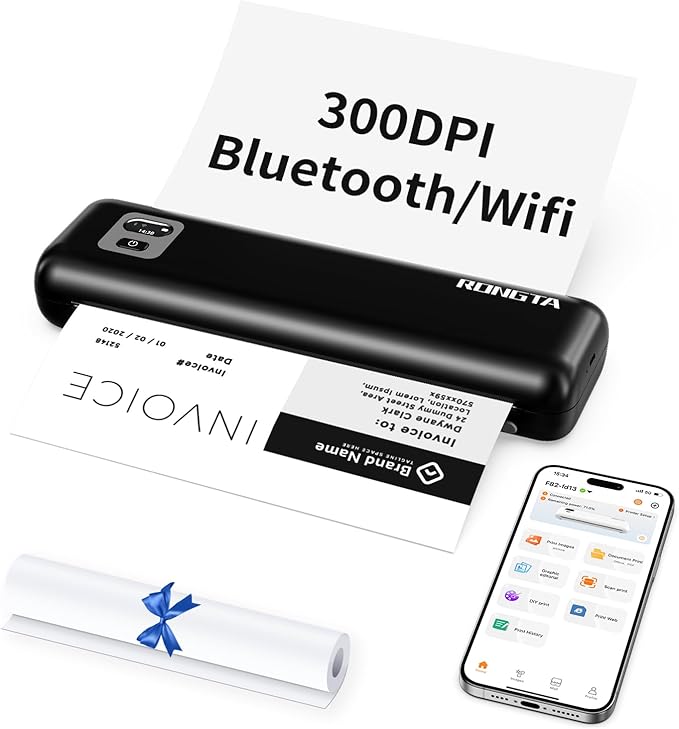 Rongta Portable Printers Wireless for Travel, 300DPI WiFi & Bluetooth Mobile Thermal Inkless Printer for School/Office/Home Use, Compatible with Android,iOS & Laptop,Black (F82)