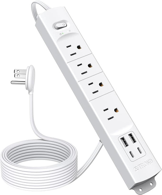 TROND Flat Plug Power Strip USB-10ft Flat Extension Cord Surge Protector Wall Mount, 2 USB C & 2 USB A Ports with Multiple Outlets, 1440J, 1625W for Office Supplies Dorm Room Essentials, White