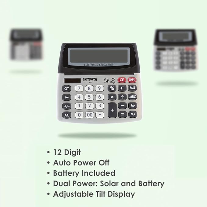 BAZIC 12-Digit Dual Power Desktop Calculator with Adjustable Display (Case of 12) (3012-12)