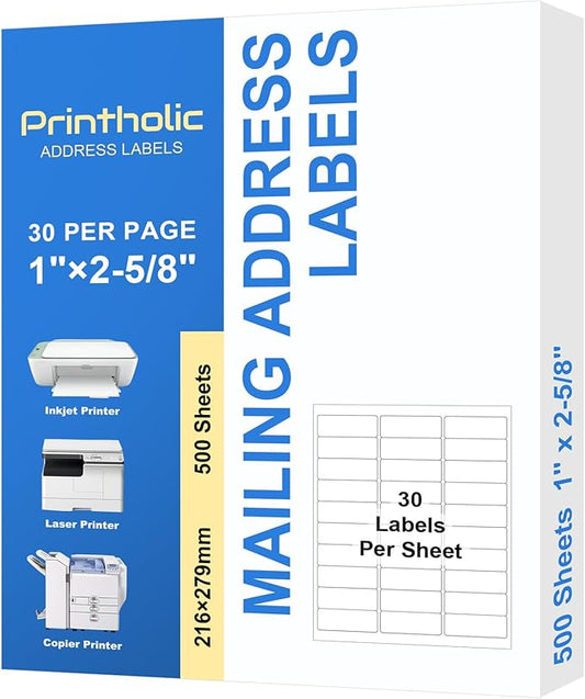 15000 30 Per Sheet Self Adhesive 1" x 2-5/8" Address Shipping Labels for Laser & Inkjet Printers - 500 Sheets, 30 Per Labels Per Page, 30 up Labels