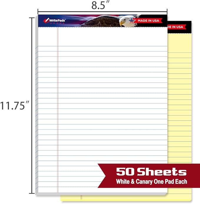 KAISA Legal Pads Letter Size Wide Ruled Writing Pads, 8.5x11 Legal Pad Note Pads 50 Sheets Per Pad,Ruled Paper Notepads, 20 lb Heavy Paper, Rigid Back, Veteran 2 Pads，BK-3098，Made In The USA