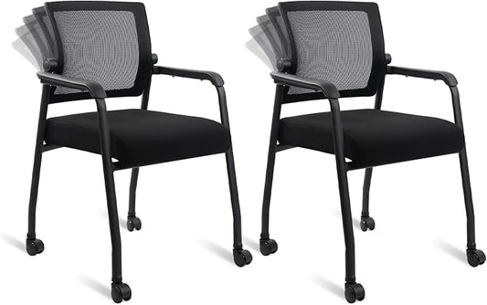 Waiting Room Chairs with Wheels, Adjustable Mesh Backrest, Desk Chair with Ergonomic Lumbar Support and Thickened Seats Cushion, 2 Pack Black
