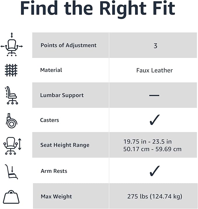 Amazon Basics Classic Puresoft PU Padded Mid-Back Height Adjustable Office Computer Desk Chair with Armrest, 26"D x 23.75"W x 42"H, Cream