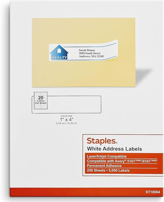 Staples® White Inkjet/Laser Address Labels 1" X 4", 5,000/Box