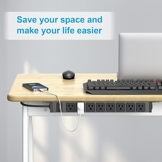 HHSOET Metal 360° Rotating Mountable Power Strip, 8 Outlet Gaming Table Mounted Outlet Strip, Heavy Duty Wall Mount Surge Protector with Switch, 15A 125V 1875W, 15ft Power Cord.(Black)