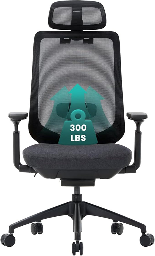 COLAMY Ergonomic Mesh Office Chair,High Back Computer Executive Desk Chair,Lumbar Support with Adjustable Headrest and 4D Arms, Slide Seat, Tilt Lock-Black