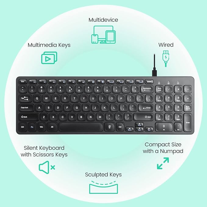 Perixx PERIBOARD-215B US, Wired Keyboard - Ultra Slim Scissor Keys - 2 Built-in USB-A & USB-C Ports - Detachable Cable - Black - US English