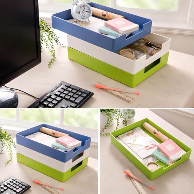 Letter-Size Tray, Desk Drawer Organizer, A4 Plastic Paper Tray, Stackable Plastic Paper Holder File Organizer for Office, School, Home Storage (Blue)