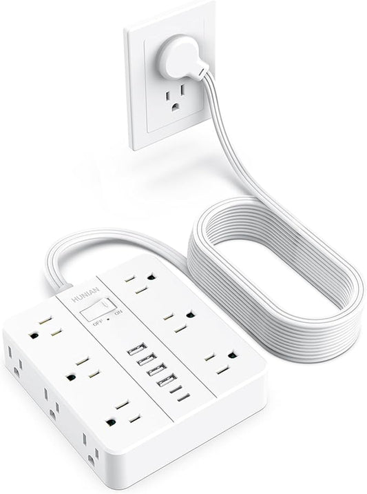 Flat Plug Power Strip Surge Protector, Flat Extension Cord Indoor 20 Feet， HUNIAN 12 Widely Spaced Outlets with 6 USB (2 USB C Ports), Desk Charging Station for Home Office Supplies, White