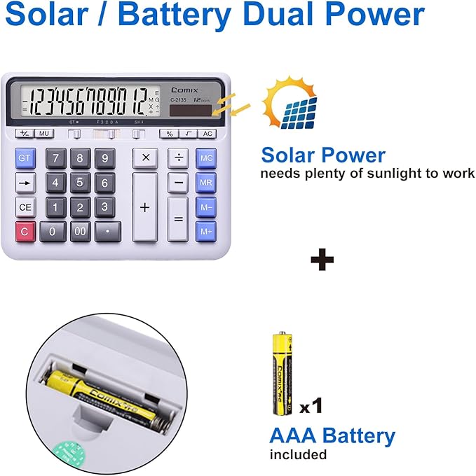 Comix Desktop Calculator Solar Battery Dual Power with 12-Digit Large LCD Display and Large Computer Keys Standard Function Calculator for Home Office School, White