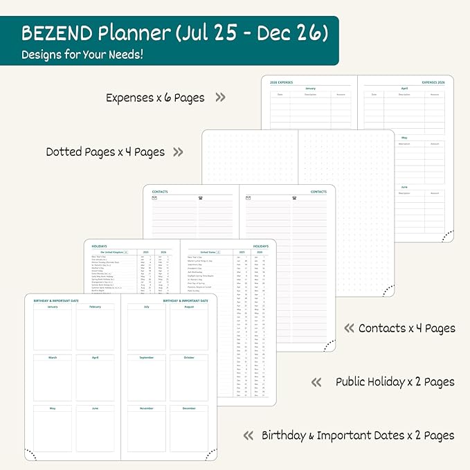 BEZEND Pocket Planner 2025-2026 Weekly with 2 Columns, 18-Month Academic Calendar (Jul 25-Dec 26), Life Work Appointment, Storage Pocket, Pen Holder, PU Leather Hardcover 3.5" x 6" - Evergreen