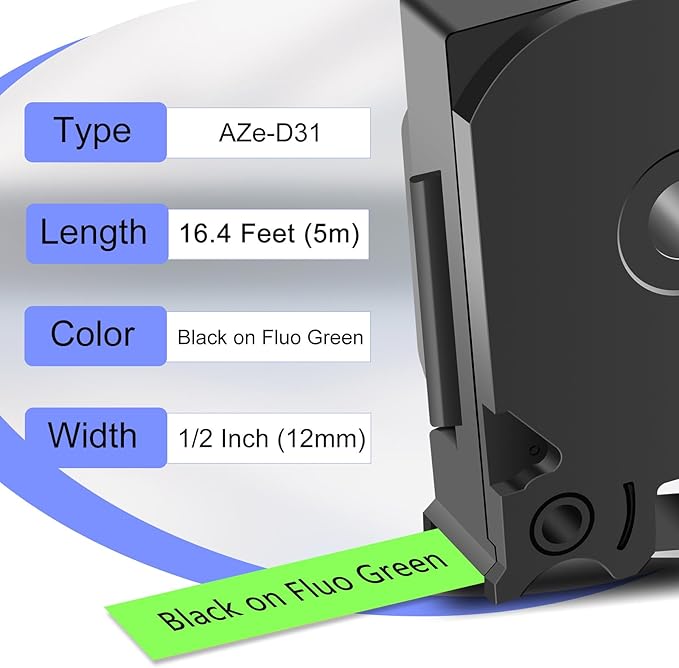 Label Tape Refills Compatible for Ptouch TZe-D31 TZ D31 Laminated Black on Green Fluorescent 1/2" 12mm for PTD200, D210 D400 D600 PTH100 H110 PTP300BT PTP700 PTP710BT, 2 Pack