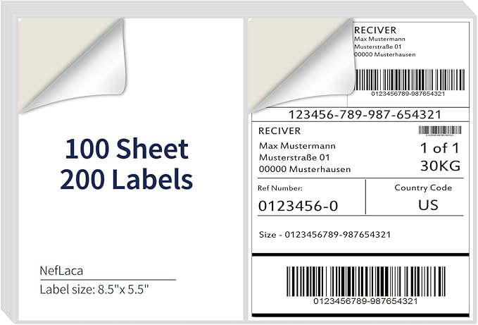 8.5 x 5.5 Half Sheet Shipping Labels for Laser and Inkjet Printers, 2 Per Page Self Adhesive Mailing Labels, White Blank Labels [100 Sheet 200 Labels]