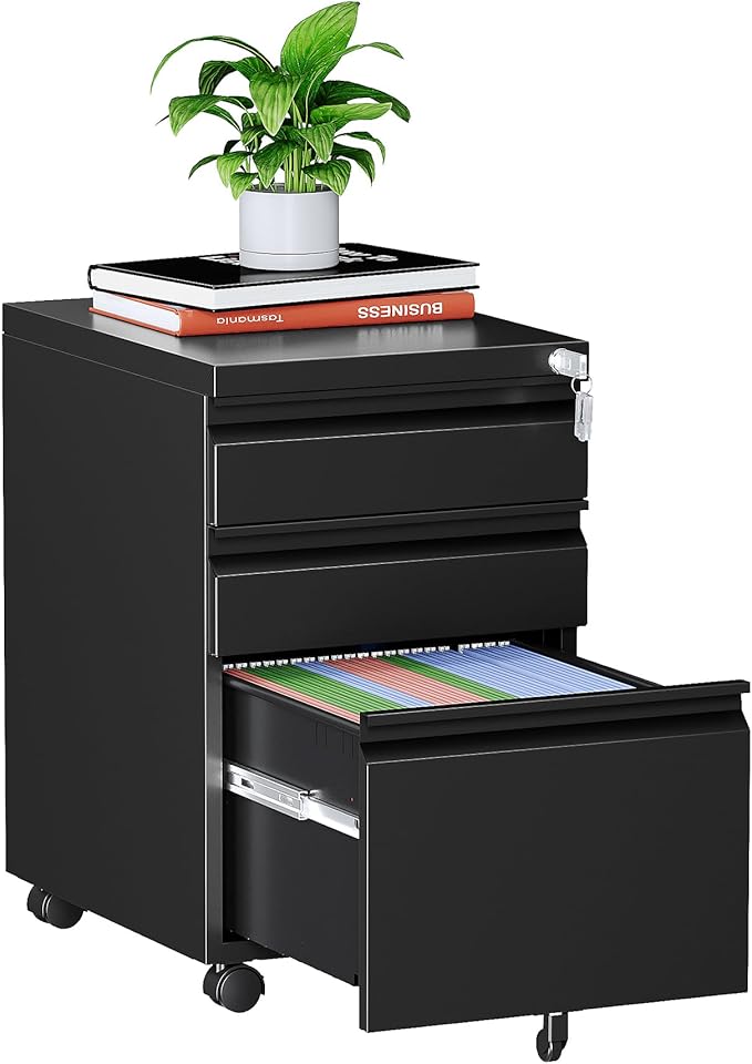 MIIIKO 3 Drawer File Cabinet on Wheels, Home Office Mobile File Cabinet Under Desk, Full Assembled Metal Filing Cabinets with Lock for Legal/Letter/A4 File Folders
