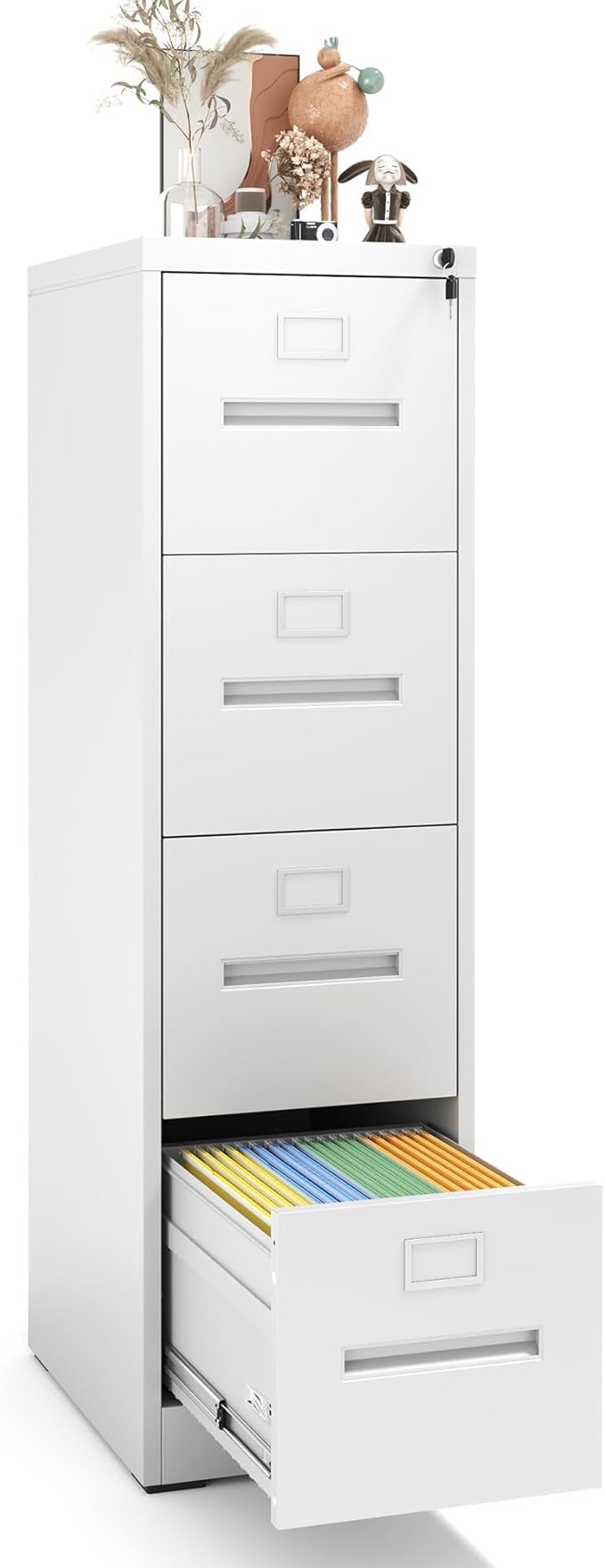 4 Drawer File Cabinet with Lock, Metal Vertical Filing Storage Cabinet for Home Office, Steel Vertical File Cabinets for A4 Legal/Letter Folders,Silent Sliding Drawers, Assembly Required (White)