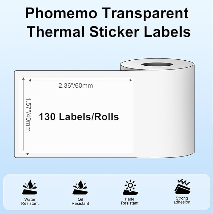 3 Rolls Phomemo Transparent Labels, 1.57'' x 2.36'' (40 x 60mm) Sticker for Phomemo M220 M110 M108 M250 M260 M221 M120 M150 Label Maker, for Barcode, Qr Code, Box, Name