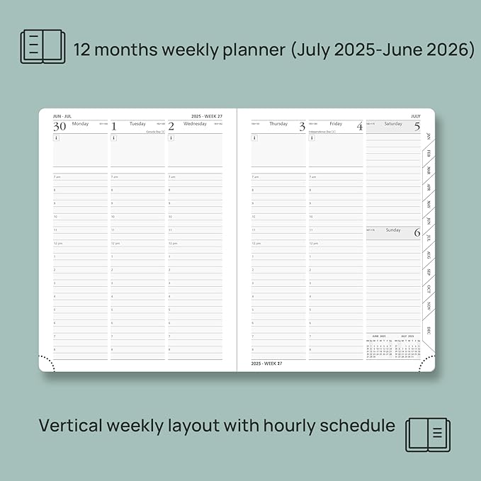 POPRUN Planner 2025-2026 (Medium - 6.5'' x 8.5'') Academic Weekly Calendar (July 2025 - June 2026) with Hourly Time Slots, Monthly Tabs, 100GSM Thick Papers, Leather Soft Cover - Pink