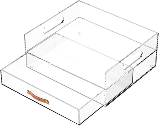 Acrylic Desk Organizer Drawer + Inbox with Letter Tray 12.6” x 10.6” x 5”, A4 Size, Clear