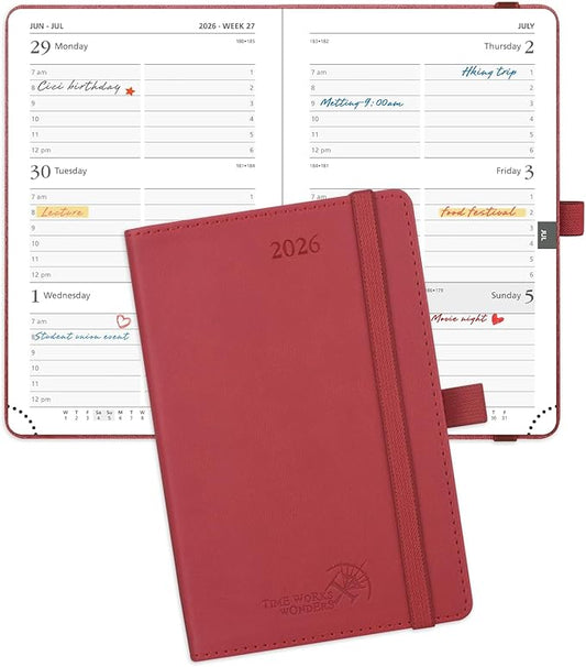 POPRUN Pocket Calendar 2026 (Small Size- 4'' x 6.25") Weekly and Monthly for Purse - Planner 2026 (Jan. 2026 - Dec. 2026) with Vegan Leather Soft Cover, Plastic Ruler, Pen Holder and More - Burgundy Red