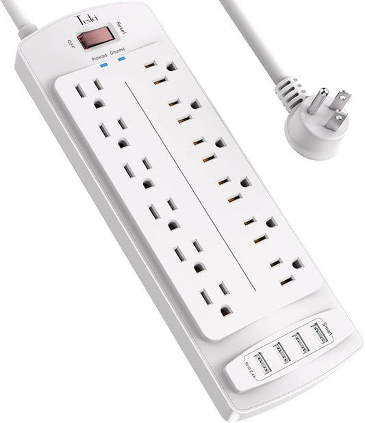 Power Strip, Tcstei Surge Protector with 12 Outlets and 4 USB Ports, 6 Feet Extension Cord (1875W/15A) for for Home, Office, Dorm Essentials, 2700 Joules, ETL Listed, (White)