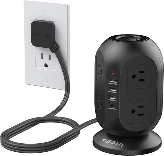Surge Protector Power Strip Tower, TESSAN 10 ft Flat Extension Cord with Multiple Outlets, 8 AC Outlets 4 USB Ports (1 USB C), Charging Station with Surge Protection for Home Office Dorm, Black