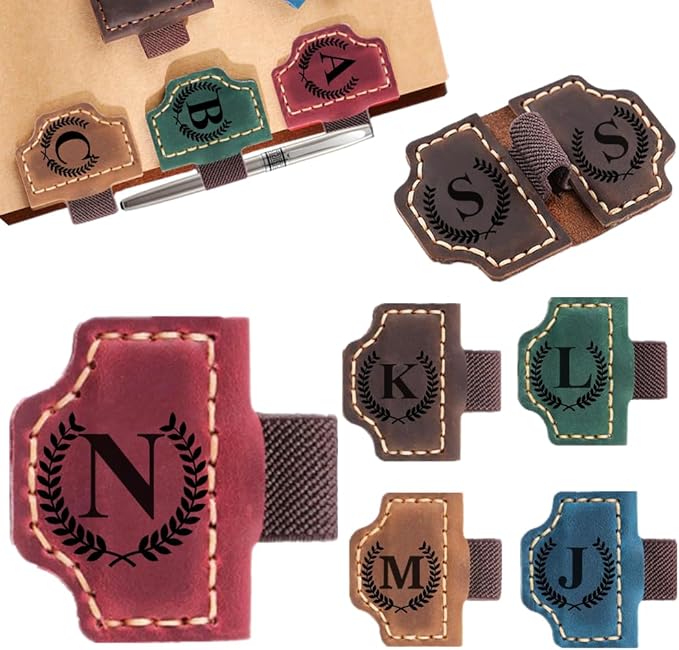 Custom Bookmark with Pen Holder with 26 Letters Personalized Magnetic Leather Book Mark, Customized Name Book Marker Clip with Initial for Men Women, Gifts for Book Lovers, Readers, (Red, N)