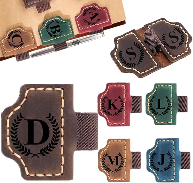 Custom Bookmark with Pen Holder with 26 Letters Personalized Magnetic Leather Book Mark, Customized Name Book Marker Clip with Initial for Men Women, Gifts for Book Lovers, Readers, (Coffee, D)