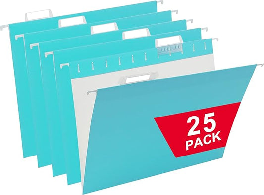 Cyan Blue Hanging File Folders,25 Packs Letter Size File Folder,Designed for Bulky Files,Filing Cabinet,1/5 Adjustable Tabs for Office,School,Home