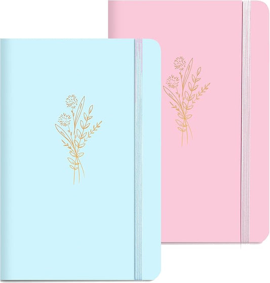 MINICAGIE 2 Pack Lined Journal Notebook for Women Cute Leather Journals for Writing Aesthetic Floral Diary 192 Pages A5 Hardcover Journaling Notebooks with Pen Loop, Blue, Pink