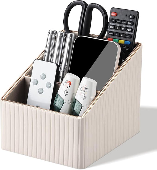 KINGFOM Remote Control Holder with 3 Compartments, Pu Leather Remote Caddy Desktop Organizer for TV, CD, Blu-Ray, Media Player, Heater Controllers and Cosmetics Office Supplies Light Beige