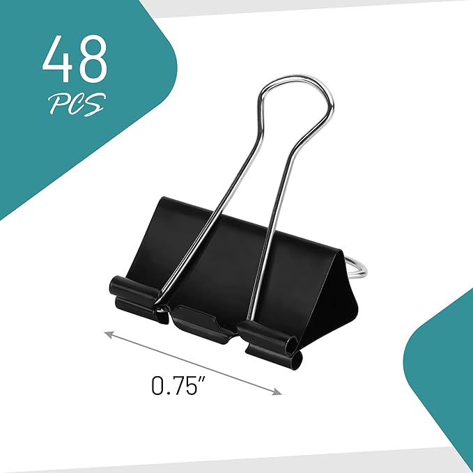 Binder Clips - 48 Small Binder Clips, 0.75 Inch Black Paper Clamps, File Clip for Home, Office and School Supplies