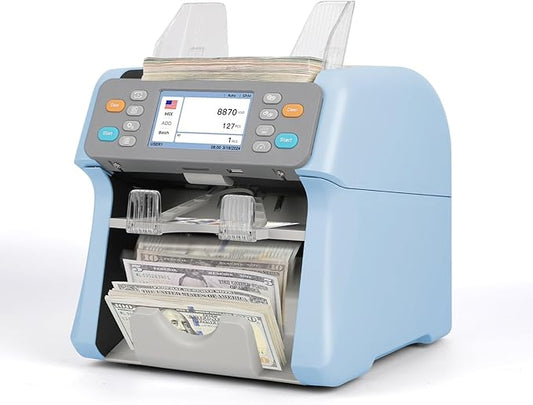RIBAO MC-165 Two-Pocket Mixed Denomination Money Counter Machine, Value Counting, Blue Bill Counter Multi Currency,2 CIS/UV/MG/IR Counterfeit Detection for Bank, 4.3 inch Large Touch Screen