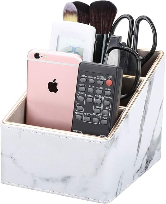 KINGFOM Remote Control Holder with 3 Compartments, Pu Leather Remote Caddy Desktop Organizer for TV, CD, Blu-Ray, Media Player, Heater Controllers and Cosmetics Office Supplies (White Marble)