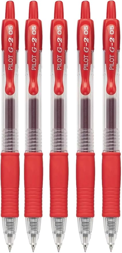 G2 Retractable Premium Gel Ink Roller Ball Pens Extra Fine Point (.5mm) Red Ink 5 pack; Refillable & Premium Comfort Grip Bundle with Plastic Reusable Pouch