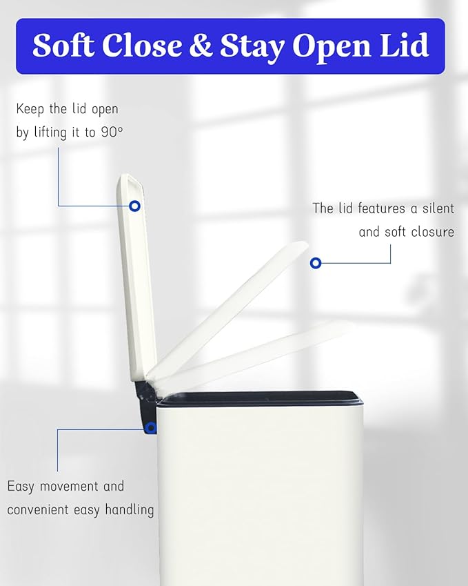 Kitchen Rubbish Bin, 30 L, Narrow Pedal Bin with Lid, Stainless Steel Kitchen Rubbish Bin with Inner Bucket, Rectangular Waste Bin for Kitchen, Bathroom, Bedroom, Office, White