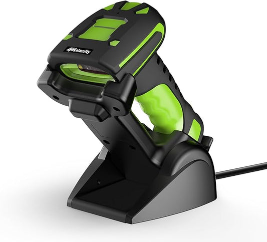 Alacrity Long-Range Scanning Industrial Barcode Scanner, 1D/2D Symbologies, Wireless Charging, Long-Distance 433MHz Wireless & Bluetooth Connectivity, Shock and Dust-Proof Barcode Reader, Green