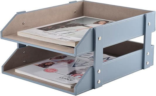 Leather Desk Letter Tray,Office Supplies Paper Organizer for Mail Paper Files Magazines Jewelry Cosmetics,Fashion Letter Holder& 2-Tier Multipurpos Stackable Office Desktop Storage Box,Grey